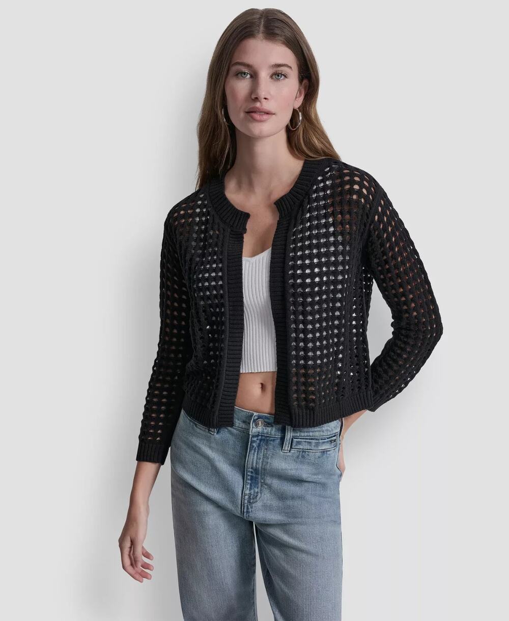 DKNY Jeans Women's Open-Stitch Drop-Shoulder Cardigan Sweater Black Size PL 3070